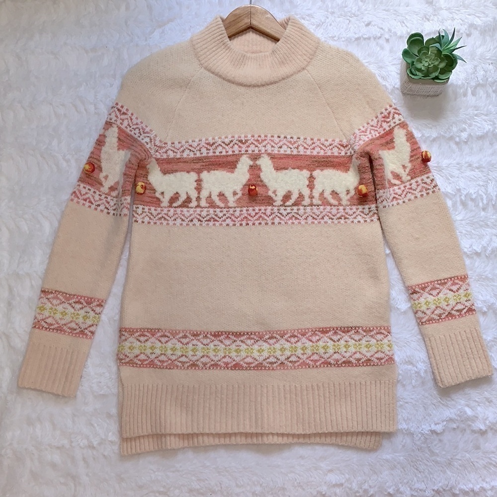 𝅺ANTHROPOLOGIE Aimee pommed pink llama pompom blush pink peach mock neck sweater
